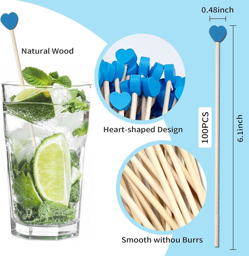 OSSIJAY 100-Piece 6Inch Rock Candy Sticks with Heart-Shaped Wooden Sticks for Lollipop, Coffee, Appetizer Skewers (Blue) - Image 2